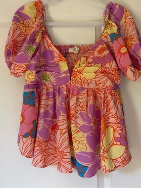 Floral Puff Sleeve Peplum Top in Purple, Yellow & Coral